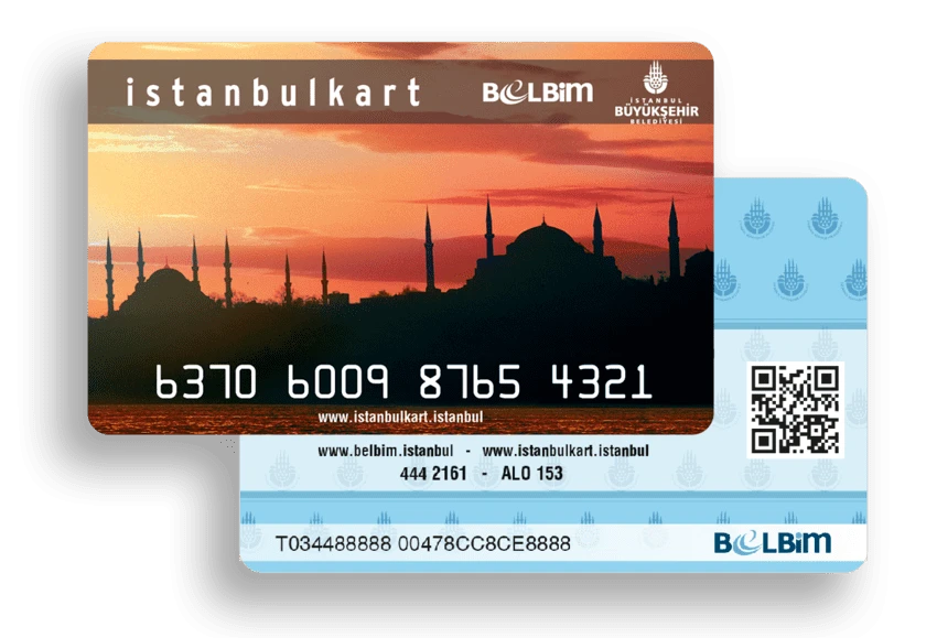 Tarjeta IstanbulKart con la silueta de mezquitas al atardecer